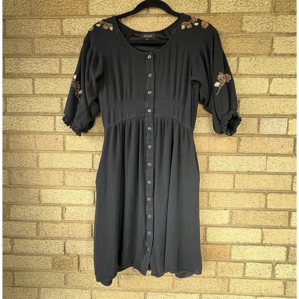 Roolee Women's Lined A-Line Dress Black W/ Floral Embroidery & Pockets S